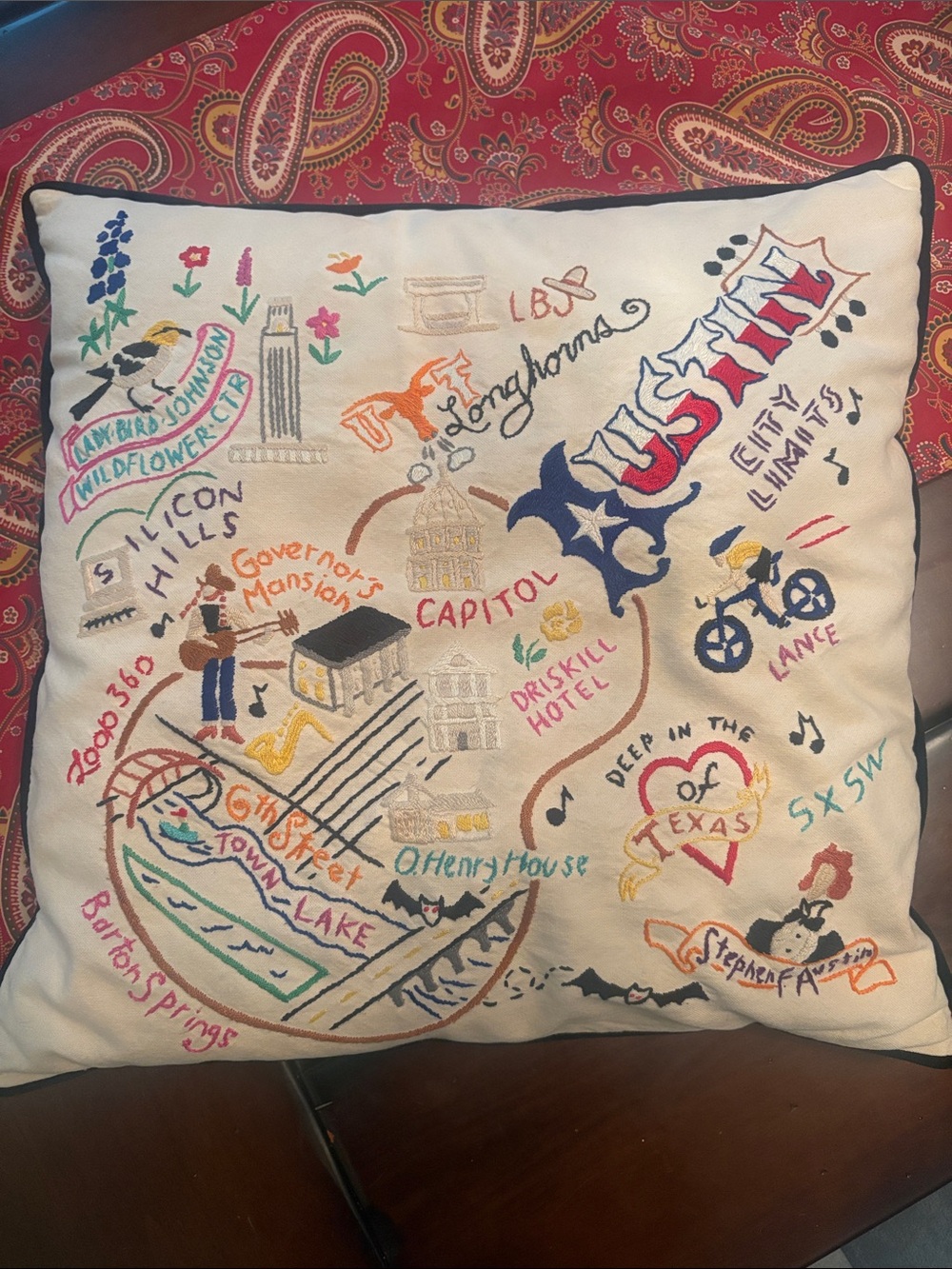 Embroidered Austin-Themed Decorative Throw Pillow - White